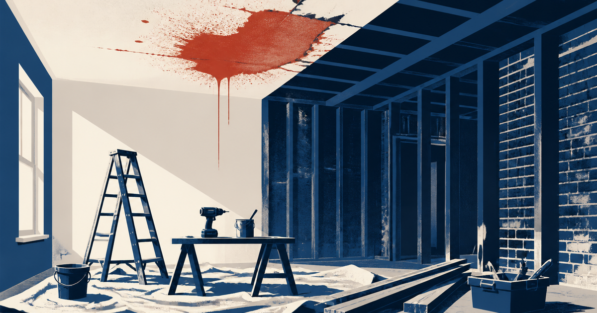Should we rebuild our software from scratch: a room stripped to bare joists under the same old water stain.
