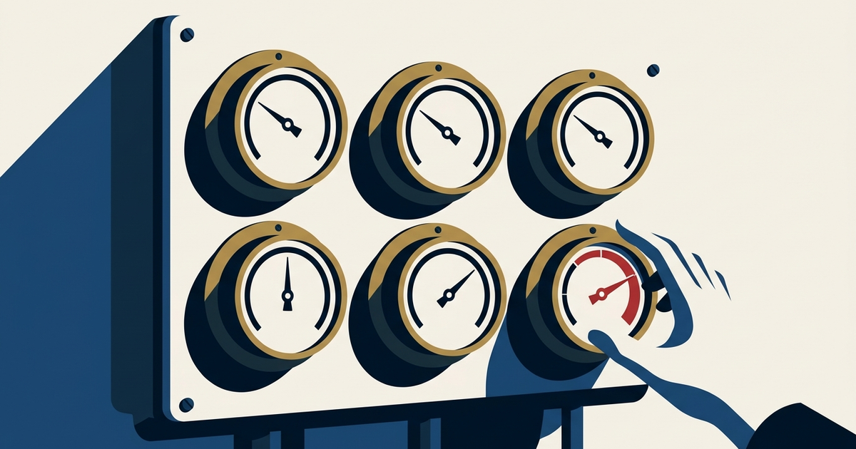 When to hire a fractional CTO made visible: six gauges on one panel, five steady and one swinging into the red.
