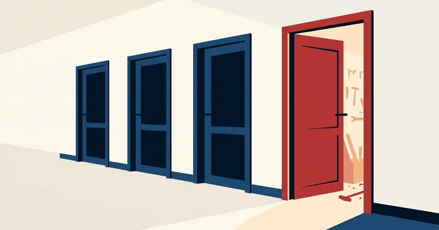 A row of closed doors and one open door with light coming through it.