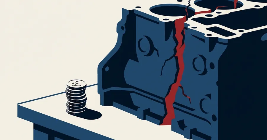 A cracked engine block on a desk next to a stack of coins.